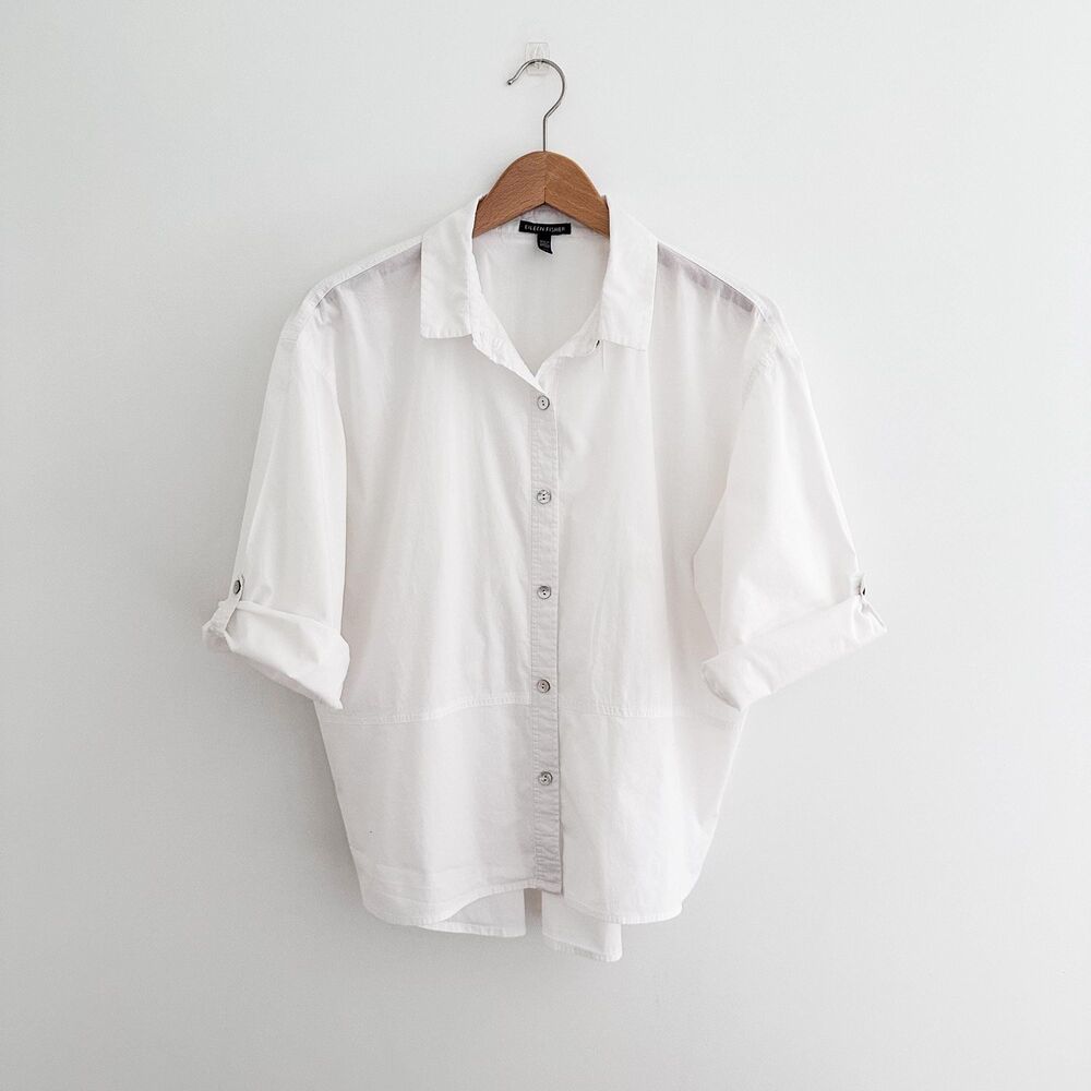 Eileen Fisher White Organic Cotton Button Front Blouse Size Small Shirt